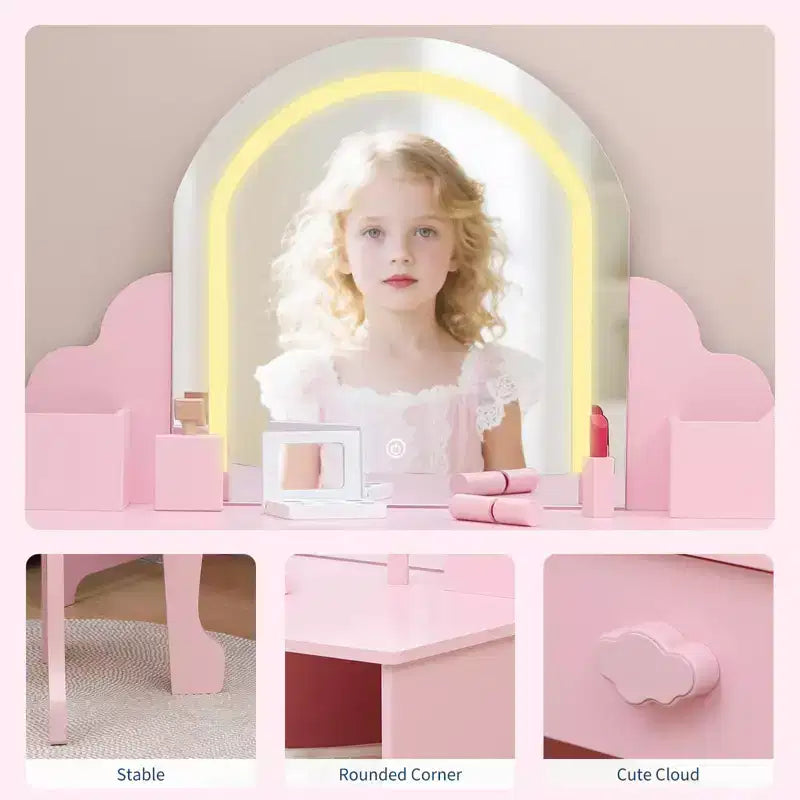 Tocador para Bambini con Specchio Illuminato e Sgabello, Set da Tocador per Bambine con Specchio Regolabile, Cassetto e Ripiani, Set da Trucco in Legno per Bambine dai 3 ai 9 Anni