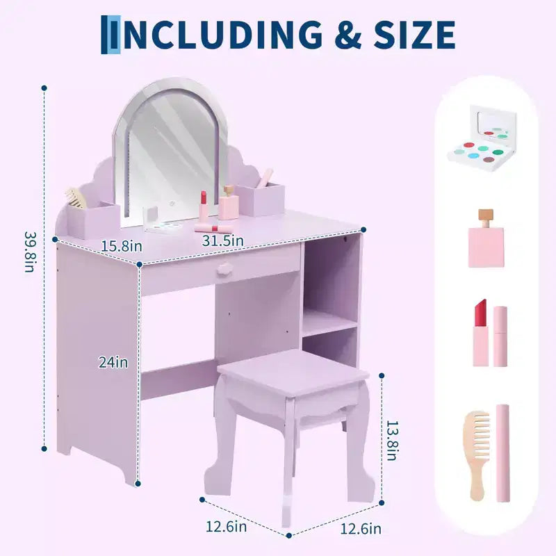 Tocador para Bambini con Specchio Illuminato e Sgabello, Set da Tocador per Bambine con Specchio Regolabile, Cassetto e Ripiani, Set da Trucco in Legno per Bambine dai 3 ai 9 Anni