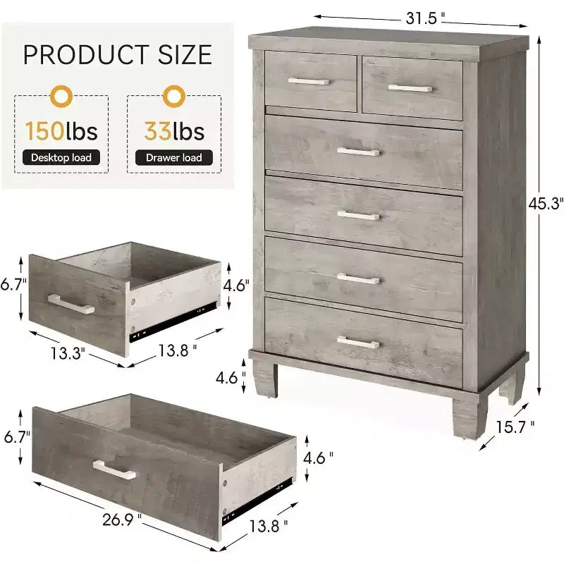Acekool Cassettiera Alta a 6 Cassetti, Comò Moderno con Maniglie in Metallo, Organizzatore Verticale per Camera da Letto e Armadio