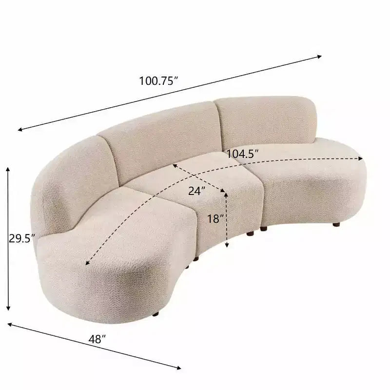 Divano curvo moderno a 3 posti – Rivestimento in Boucle e Struttura in Legno, 255.9 cm di larghezza