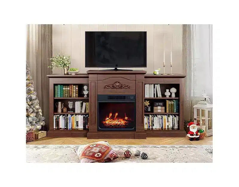 Mobile TV con Camino, Mobile TV Rustico da 67" con Camino Elettrico da 18", Consolle Media per TV fino a 80" con Ripiano Aperto per Soggiorno