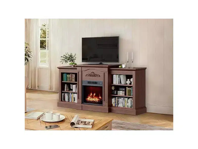 Mobile TV con Camino, Mobile TV Rustico da 67" con Camino Elettrico da 18", Consolle Media per TV fino a 80" con Ripiano Aperto per Soggiorno