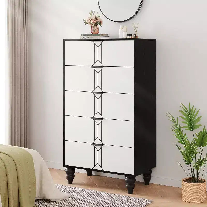 Acekool 5 Drawer Dresser, Modern Chest with Vintage Pattern and Deep Storage for Bedroom, Living Room, Entryway