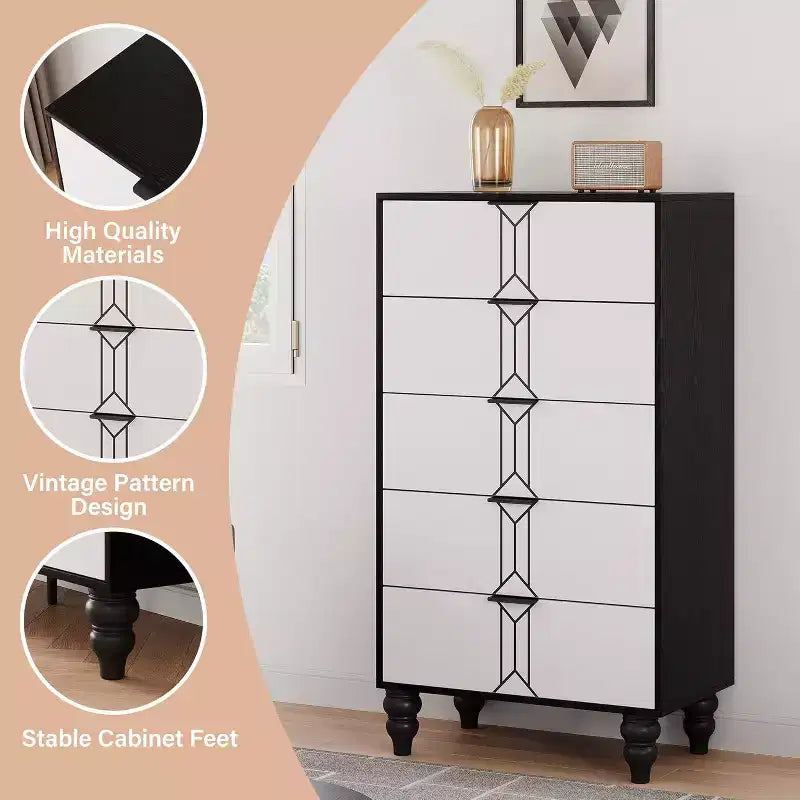 Acekool Comò a 5 Cassetti, Cassettiera Moderna con Motivo Vintage e Spazio Contenitivo Profondo per Camera da Letto, Soggiorno, Ingresso