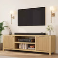 Fluted TV Stand for 80 in, Modern Entertainment Center with Storage, Wooden Media Console Cabinet with Fluted Door and Gold Handle, Natural Oak