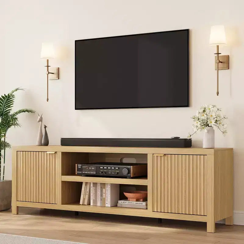 Fluted TV Stand for 80 in, Modern Entertainment Center with Storage, Wooden Media Console Cabinet with Fluted Door and Gold Handle, Natural Oak