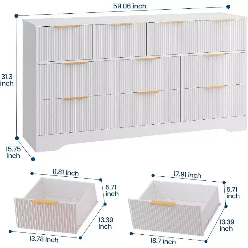 Cassettiera Acekool a 10 cassetti scanalati con maniglie dorate, organizer moderno lungo, contenitore elegante per camera da letto, soggiorno, ingresso