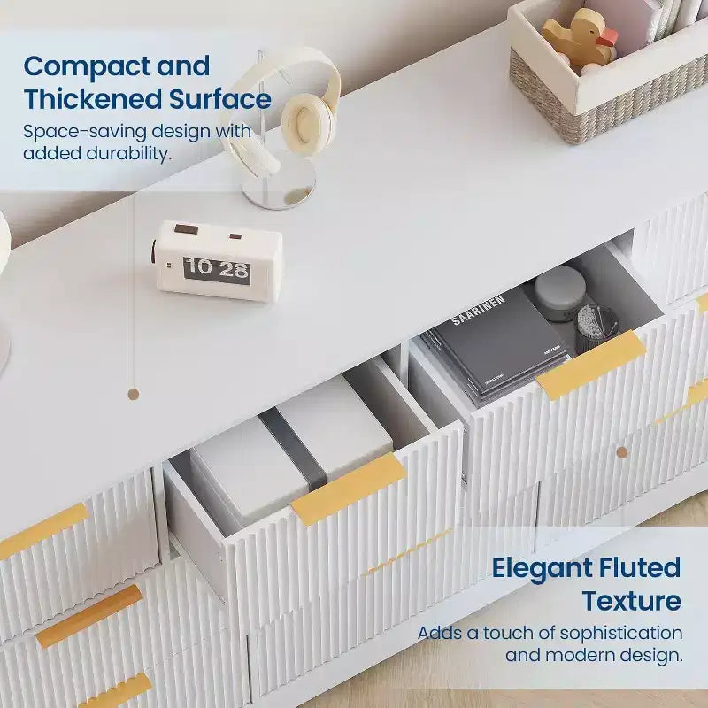 Cassettiera Acekool a 10 cassetti scanalati con maniglie dorate, organizer moderno lungo, contenitore elegante per camera da letto, soggiorno, ingresso