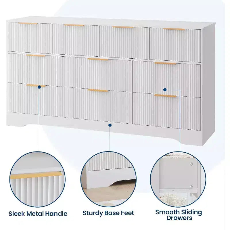 Cassettiera Acekool a 10 cassetti scanalati con maniglie dorate, organizer moderno lungo, contenitore elegante per camera da letto, soggiorno, ingresso