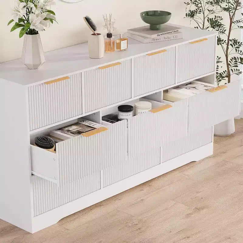 Cassettiera Acekool a 10 cassetti scanalati con maniglie dorate, organizer moderno lungo, contenitore elegante per camera da letto, soggiorno, ingresso