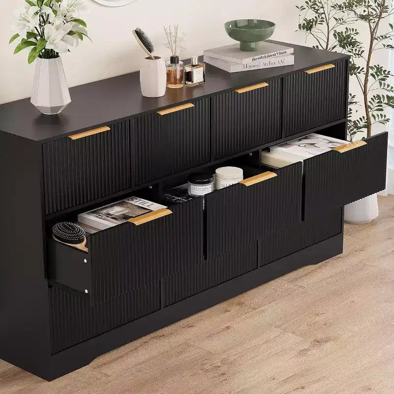 Cassettiera Acekool a 10 cassetti scanalati con maniglie dorate, organizer moderno lungo, contenitore elegante per camera da letto, soggiorno, ingresso