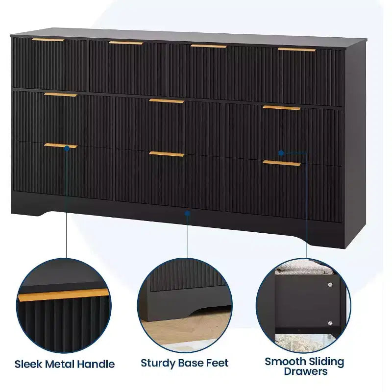 Cassettiera Acekool a 10 cassetti scanalati con maniglie dorate, organizer moderno lungo, contenitore elegante per camera da letto, soggiorno, ingresso