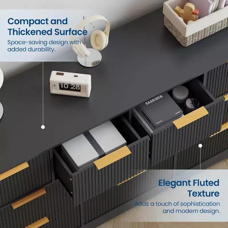 Cassettiera Acekool a 10 cassetti scanalati con maniglie dorate, organizer moderno lungo, contenitore elegante per camera da letto, soggiorno, ingresso