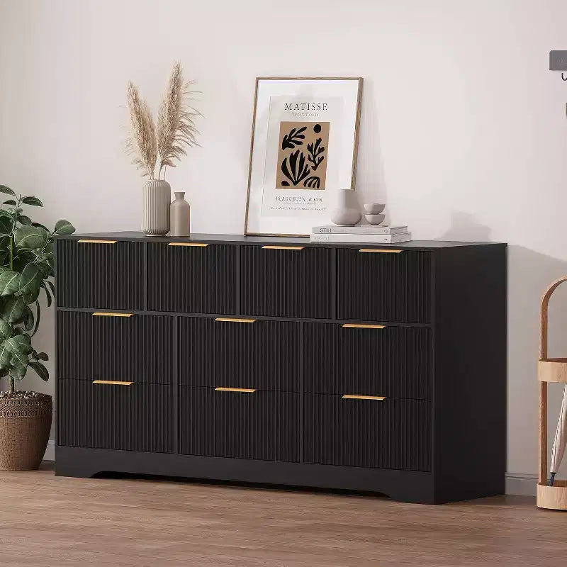 Cassettiera Acekool a 10 cassetti scanalati con maniglie dorate, organizer moderno lungo, contenitore elegante per camera da letto, soggiorno, ingresso