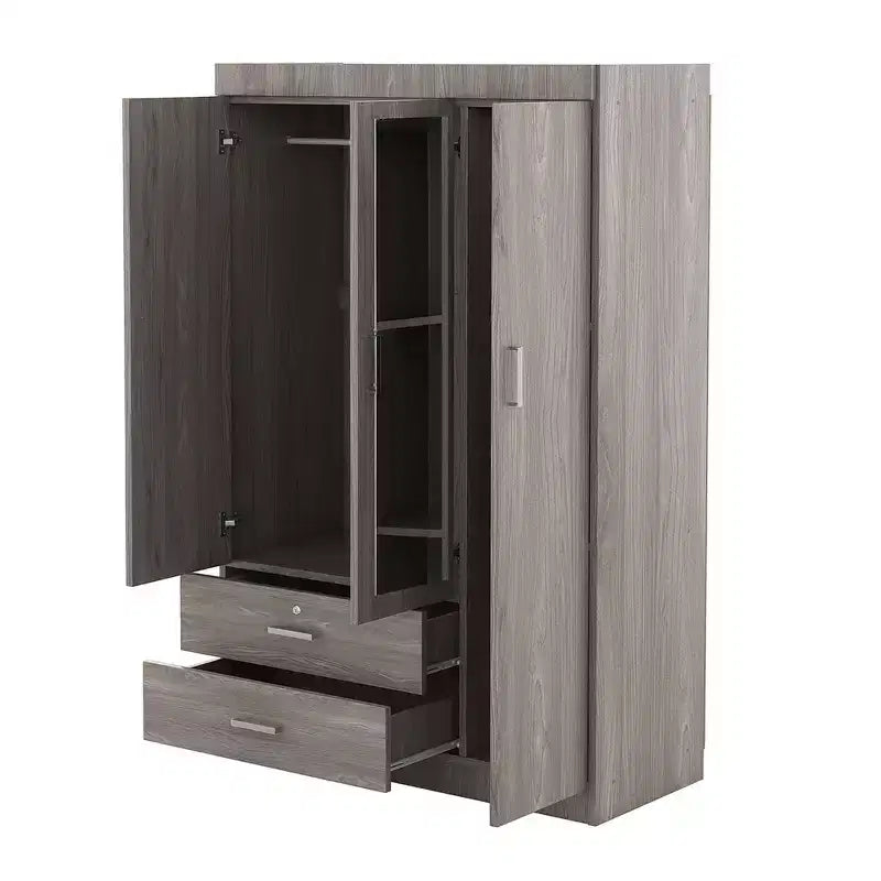 Armadio a 3 ante Whisen Wood con specchio, 2 cassetti, ripiani e asta appendiabiti