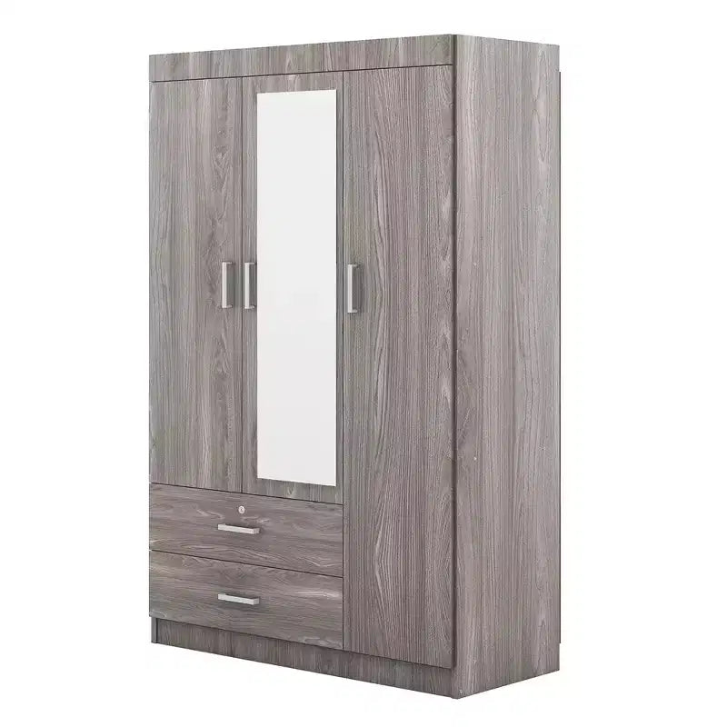 Armadio a 3 ante Whisen Wood con specchio, 2 cassetti, ripiani e asta appendiabiti
