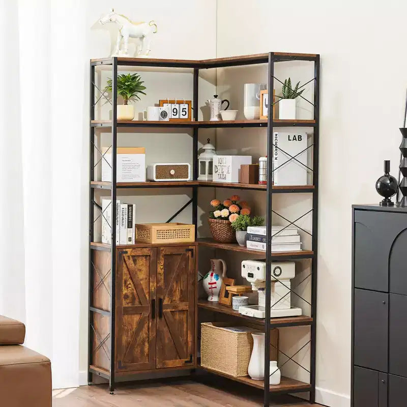 VEVOR Libreria ad Angolo a 6 Livelli, Libreria ad Angolo Alta 177 cm con Armadietto, 2 Ante a Scomparsa e 10 Ripiani, Marrone