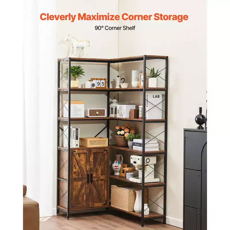 VEVOR Libreria ad Angolo a 6 Livelli, Libreria ad Angolo Alta 177 cm con Armadietto, 2 Ante a Scomparsa e 10 Ripiani, Marrone