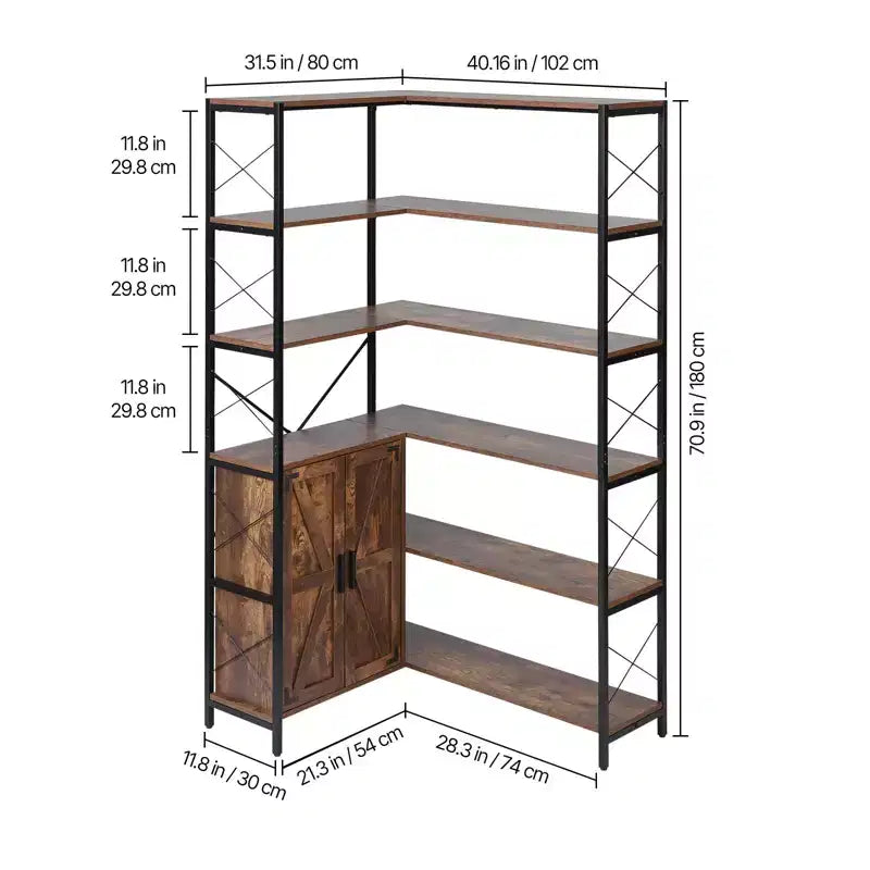 VEVOR Libreria ad Angolo a 6 Livelli, Libreria ad Angolo Alta 177 cm con Armadietto, 2 Ante a Scomparsa e 10 Ripiani, Marrone