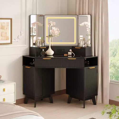 48 Fluted Makeup Vanity, Corner Vanity Desk with 3 Mirrors, Tempered Glass Top, 3 Drawers, 2 Cabinets & 2 Shelf Rack for Bedroom, Dressing Room
