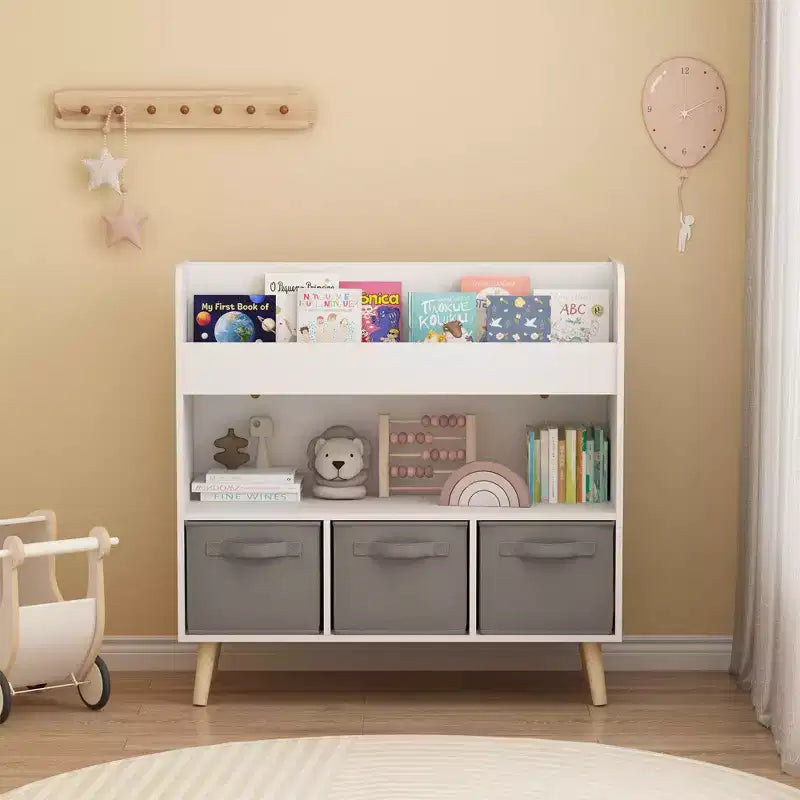 Libreria per Bambini con 3 Cesti in Tessuto, Scaffale Moderno per Libri per Bambini con Contenitore per Giocattoli e Libri, Scaffale Organizer per Libri per Bambini per la Sala Giochi