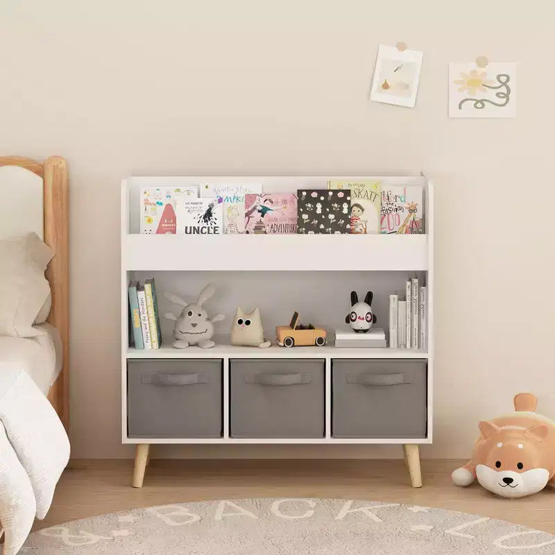 Libreria per Bambini con 3 Cesti in Tessuto, Scaffale Moderno per Libri per Bambini con Contenitore per Giocattoli e Libri, Scaffale Organizer per Libri per Bambini per la Sala Giochi
