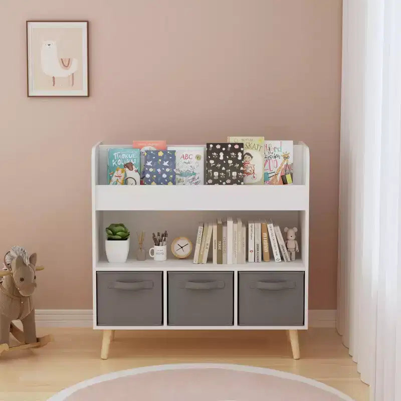Libreria per Bambini con 3 Cesti in Tessuto, Scaffale Moderno per Libri per Bambini con Contenitore per Giocattoli e Libri, Scaffale Organizer per Libri per Bambini per la Sala Giochi