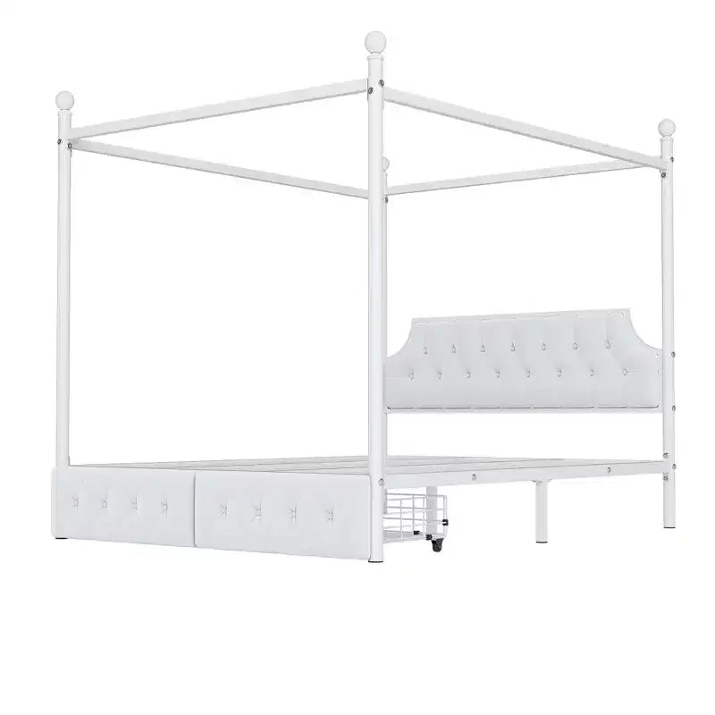 Bellemave Letto a baldacchino in metallo a 4 montanti Queen Size con testiera in velluto e 2 cassetti portaoggetti, Letto a piattaforma imbottito a baldacchino a 4 montanti, Bianco