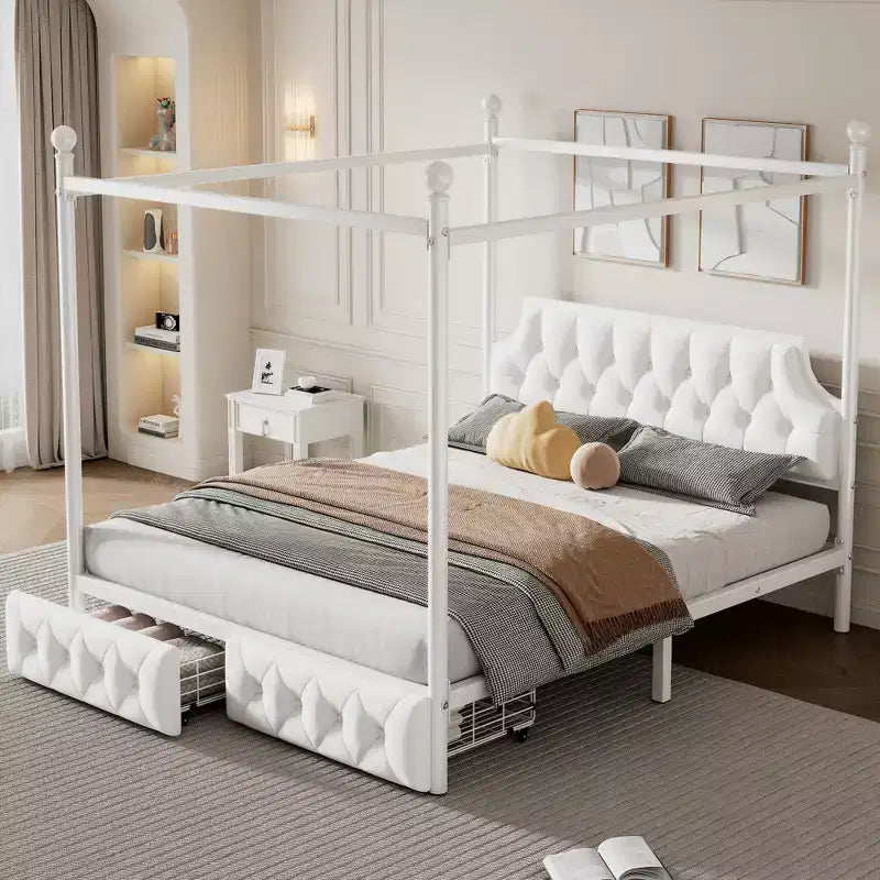 Bellemave Letto a baldacchino in metallo a 4 montanti Queen Size con testiera in velluto e 2 cassetti portaoggetti, Letto a piattaforma imbottito a baldacchino a 4 montanti, Bianco
