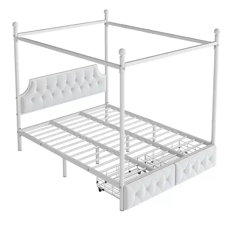 Bellemave Letto a baldacchino in metallo a 4 montanti Queen Size con testiera in velluto e 2 cassetti portaoggetti, Letto a piattaforma imbottito a baldacchino a 4 montanti, Bianco