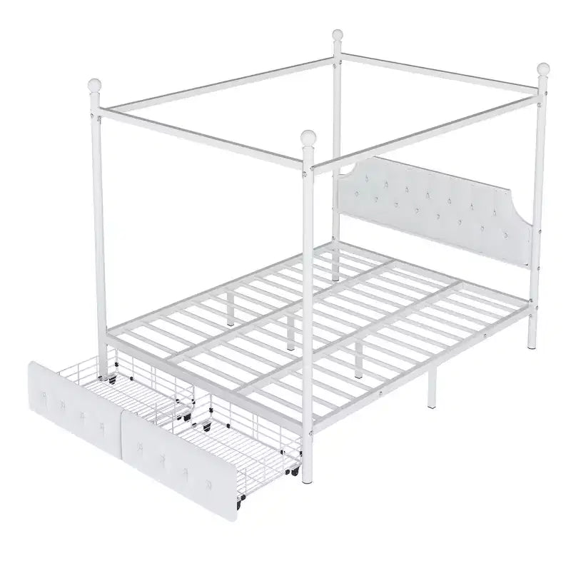 Bellemave Letto a baldacchino in metallo a 4 montanti Queen Size con testiera in velluto e 2 cassetti portaoggetti, Letto a piattaforma imbottito a baldacchino a 4 montanti, Bianco