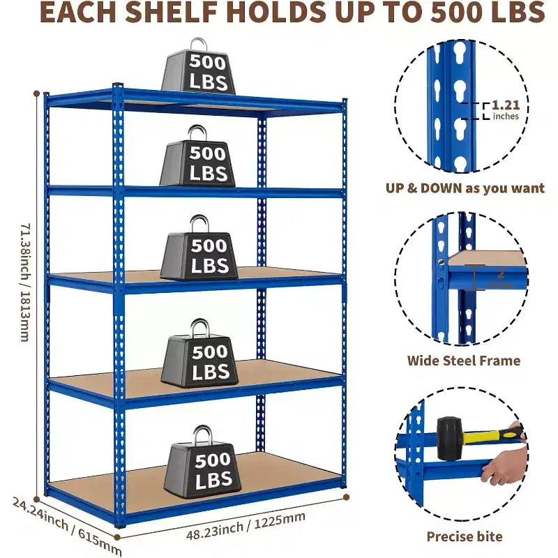 Scaffalatura a 5 Ripiani per Garage, Capacità 1134 kg, Scaffale in Metallo per Garage, Industriale, Magazzino, Cucina, Ripostiglio, 122 L x 46 P x 180 A cm