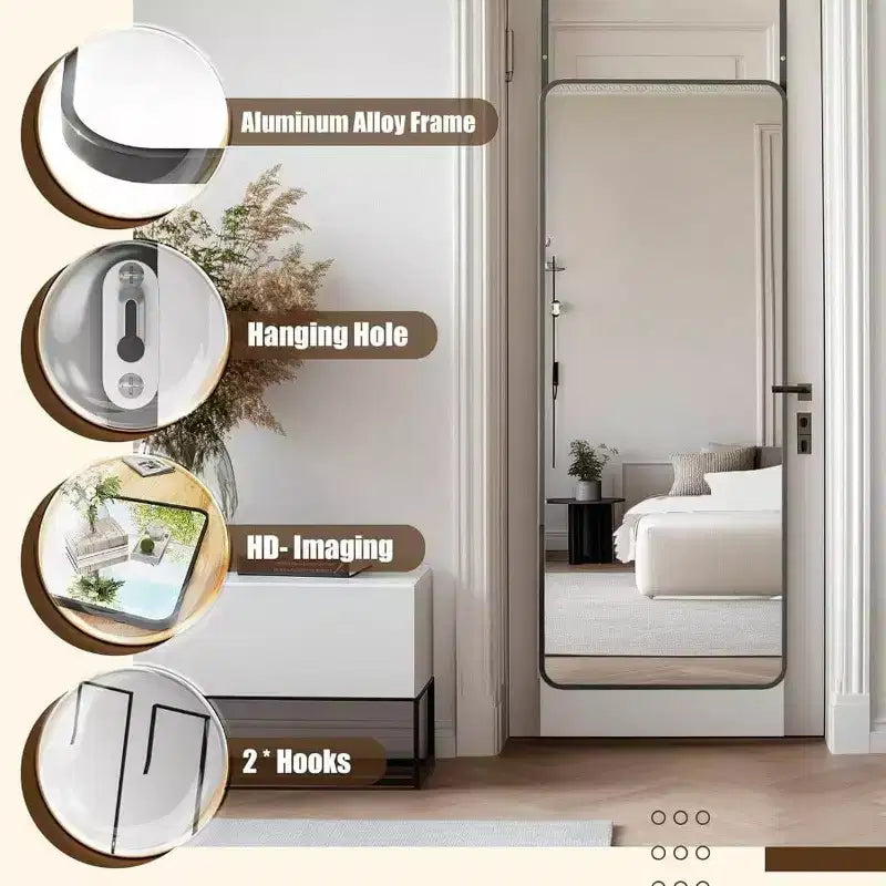 Specchio a figura intera 14x48 nero, cornice in lega di alluminio con ganci regolabili per dormitorio