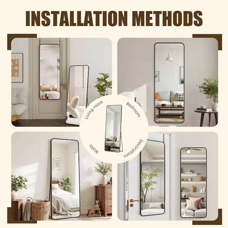 Specchio a figura intera 14x48 nero, cornice in lega di alluminio con ganci regolabili per dormitorio