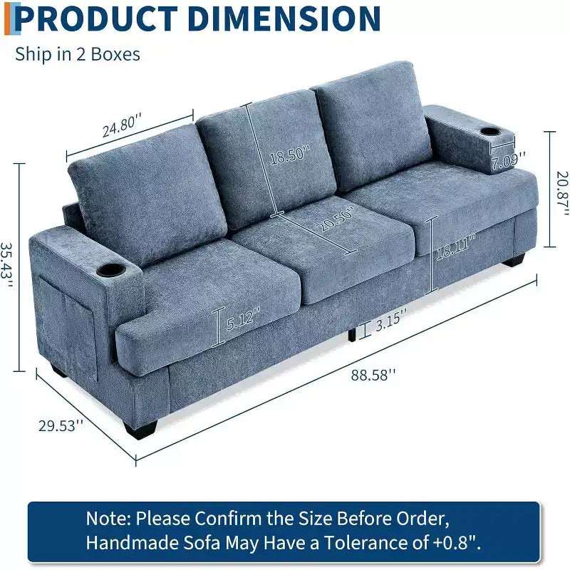 Divano moderno a 3 posti blu 89, seduta profonda con portabicchieri e tasche laterali, per soggiorno e appartamento