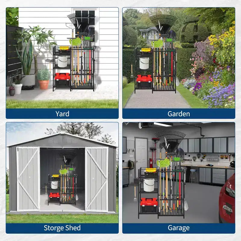 Organizzatore per attrezzi da giardino, scaffale a torre a 3 ripiani per garage, fino a 35 attrezzi a manico lungo, supporto autoportante per attrezzi da giardino per capanno