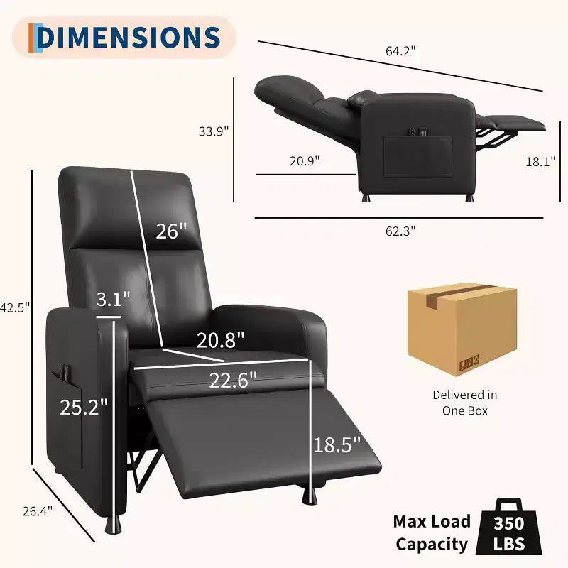 Poltrona Reclinabile Elettrica Acekool con Massaggio, Riscaldamento, Tasche portaoggetti e USB, Poltrona per Home Theater in Similpelle
