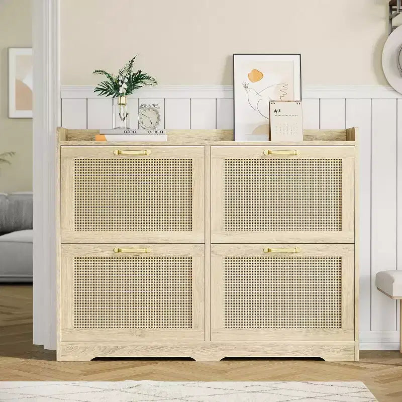 Acekool Scarpiera a 4 cassetti in Rattan Naturale con Cassetti a Scomparsa e Ripiani Regolabili per Ingresso Corridoio