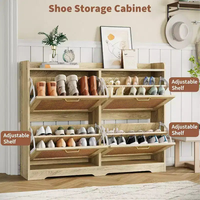 Acekool Scarpiera a 4 cassetti in Rattan Naturale con Cassetti a Scomparsa e Ripiani Regolabili per Ingresso Corridoio