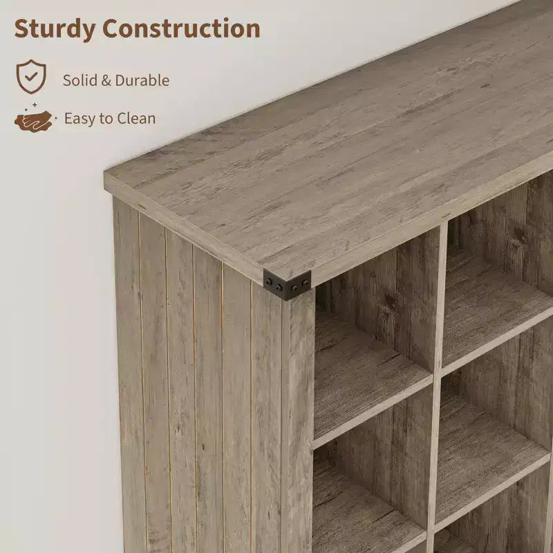 Libreria organizer a 9 cubi, libreria orizzontale a 4 ripiani stile rustico, libreria in legno da 95 cm per ingresso, librerie lunghe e basse