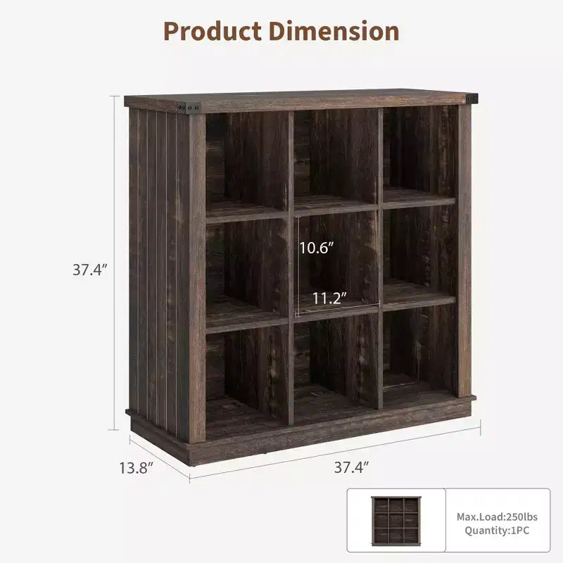 Libreria organizer a 9 cubi, libreria orizzontale a 4 ripiani stile rustico, libreria in legno da 95 cm per ingresso, librerie lunghe e basse
