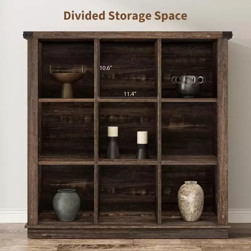 Libreria organizer a 9 cubi, libreria orizzontale a 4 ripiani stile rustico, libreria in legno da 95 cm per ingresso, librerie lunghe e basse