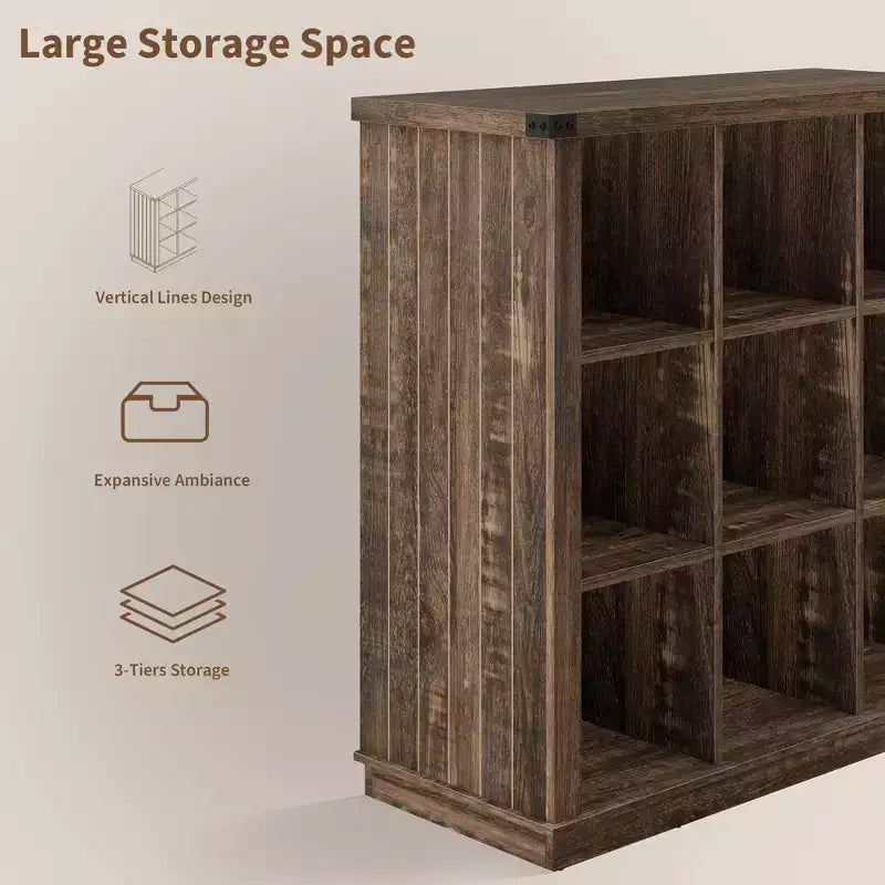 Libreria organizer a 9 cubi, libreria orizzontale a 4 ripiani stile rustico, libreria in legno da 95 cm per ingresso, librerie lunghe e basse