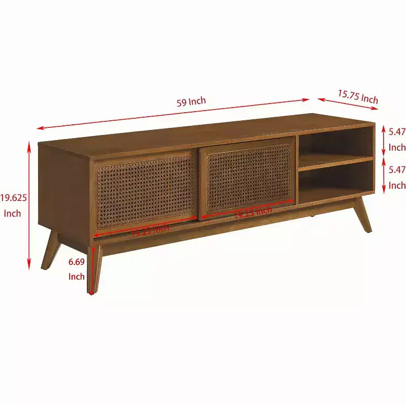 JVNOXK Mobile TV in Rattan Moderno di Metà Secolo da 150 cm per TV da 65 pollici, Base in Legno Massello con Ante in Rattan - Legno Chiaro