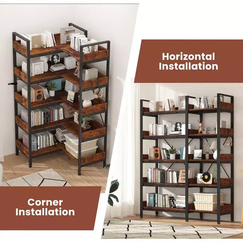Libreria angolare a 5 ripiani Acekool, stile industriale, con struttura in metallo, piedini regolabili, per soggiorno, marrone rustico