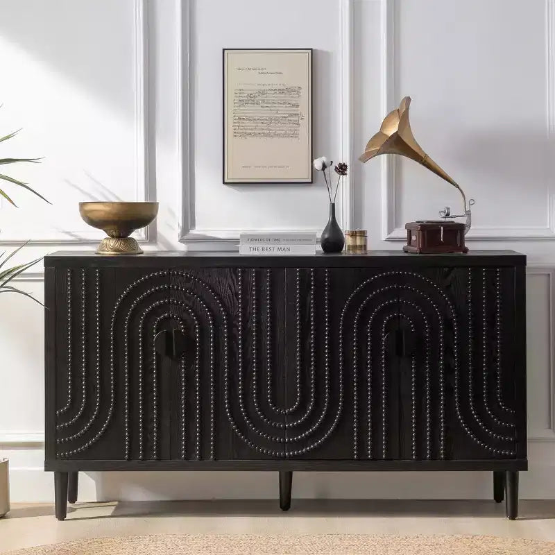 GDFStudio Modern 59 Nailhead Accents Sideboard Cabinet with 4 Doors and 2 Adjustable Shelves