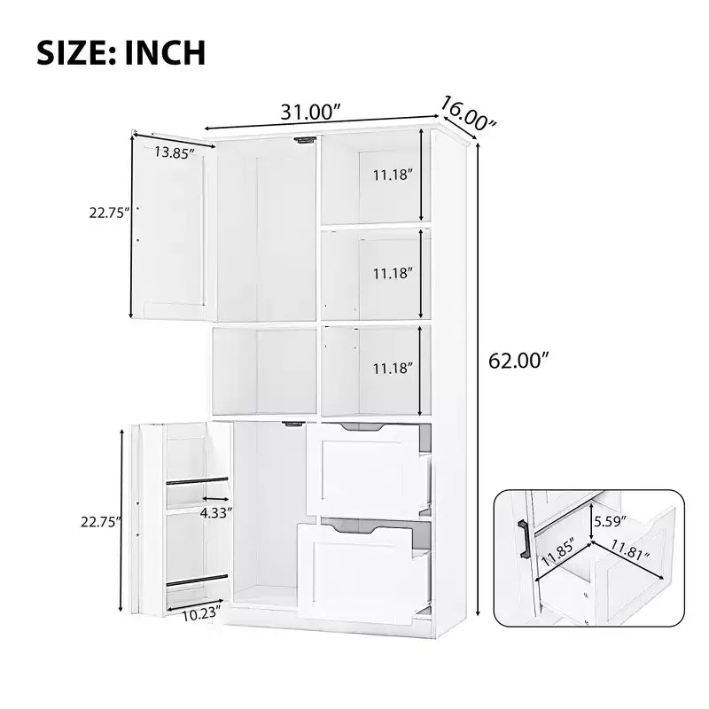 Mobiletto da bagno autoportante da 157 cm con ante e cassetti, multi-scomparto, ripiano aperto e ripiano regolabile, bianco