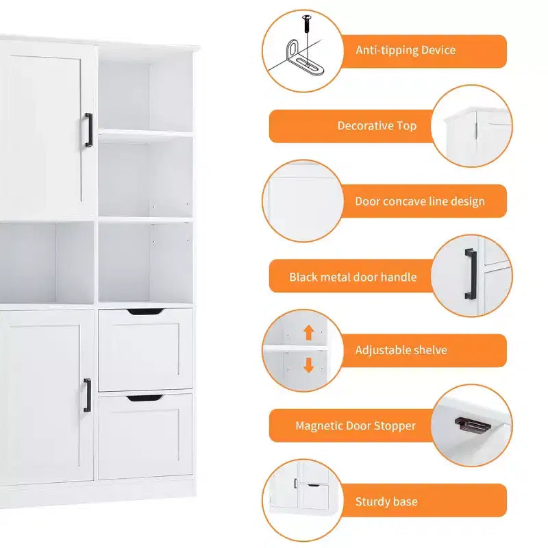 Mobiletto da bagno autoportante da 157 cm con ante e cassetti, multi-scomparto, ripiano aperto e ripiano regolabile, bianco