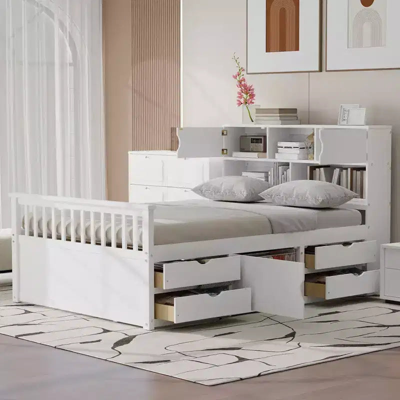 Letto a piattaforma "Captain" matrimoniale con librerie e ripiani contenitori, quattro cassetti, bianco