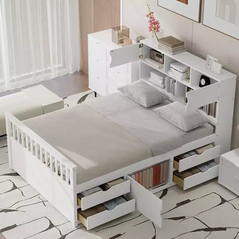 Letto a piattaforma "Captain" matrimoniale con librerie e ripiani contenitori, quattro cassetti, bianco